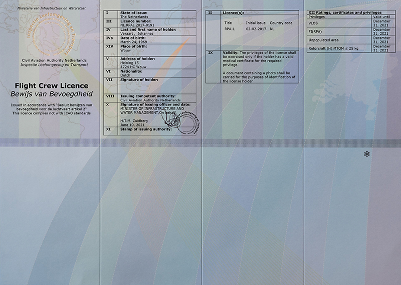 Flight Crew Licence - Appie Veraart - RPAS Pilot. Drone certificaten