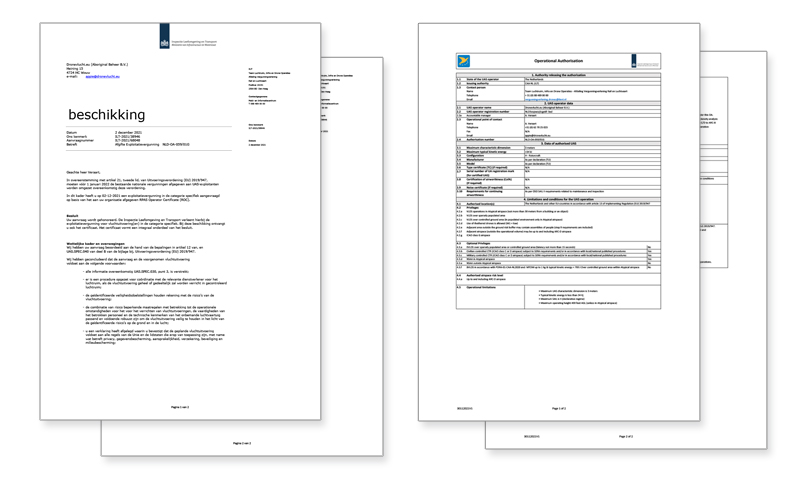 Exploitatievergunning NLD-OA-059/01G. drone certificaten